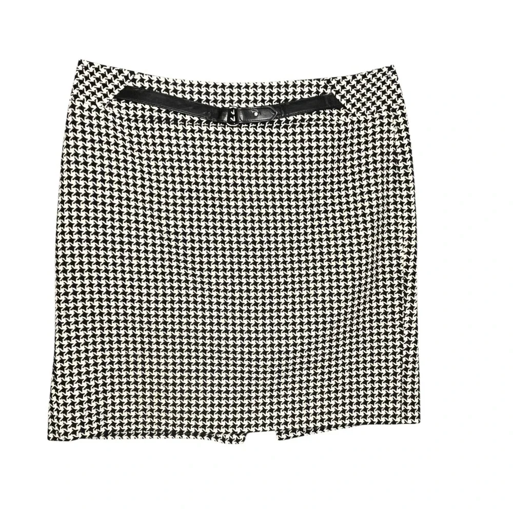 Ann Taylor Loft Houndstooth Pencil Skirt Wool Blend Size 14 Belted Knee‎ Length